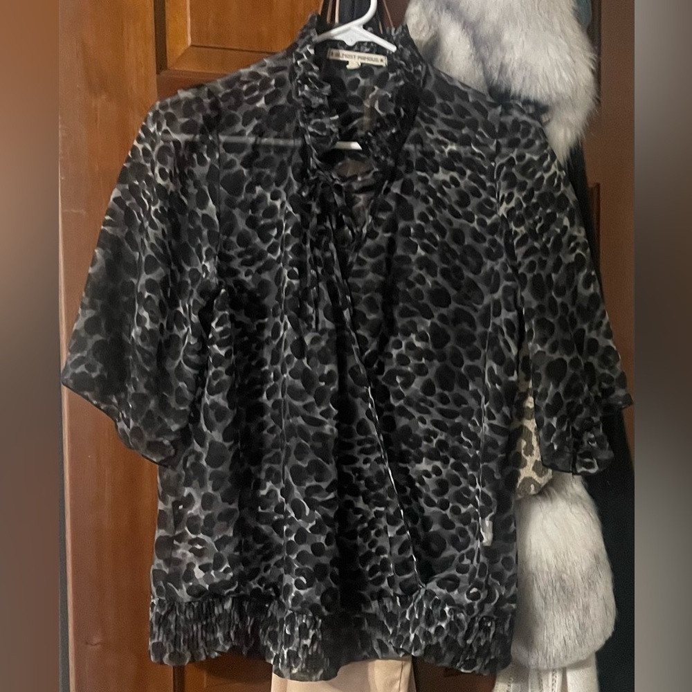Almost Famous Sheer Black Leopard Print Open Blouse Faux Wrap Elastic Waist🖤